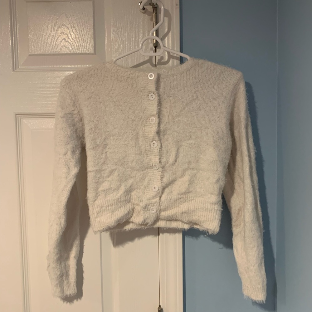 Fuzzy white button-up top